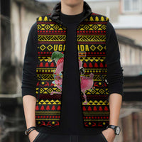 Uganda Christmas Sleeveless Puffer Jacket with Flamingo Lights Uganda Flag and Black Red Yellow Tribal Pattern Design - Wonder Print Shop