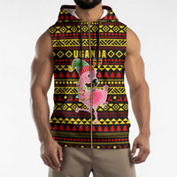 Uganda Christmas Sleeveless Zip Hoodie with Flamingo Lights Uganda Flag and Black Red Yellow Tribal Pattern Design - Wonder Print Shop