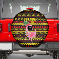 Uganda Christmas Spare Tire Cover with Flamingo Lights Uganda Flag and Black Red Yellow Tribal Pattern Design - Wonder Print Shop