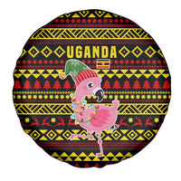 Uganda Christmas Spare Tire Cover with Flamingo Lights Uganda Flag and Black Red Yellow Tribal Pattern Design - Wonder Print Shop