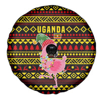 Uganda Christmas Spare Tire Cover with Flamingo Lights Uganda Flag and Black Red Yellow Tribal Pattern Design - Wonder Print Shop