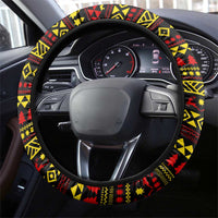 Uganda Christmas Steering Wheel Cover with Flamingo Lights Uganda Flag and Black Red Yellow Tribal Pattern Design - Wonder Print Shop