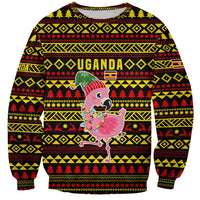 Uganda Christmas Sweatshirt with Flamingo Lights Uganda Flag and Black Red Yellow Tribal Pattern Design - Wonder Print Shop