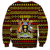 Uganda Christmas Sweatshirt with Flamingo Lights Uganda Flag and Black Red Yellow Tribal Pattern Design - Wonder Print Shop