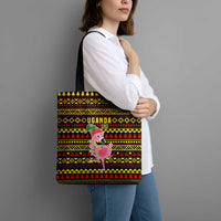 Uganda Christmas Tote Bag with Flamingo Lights Uganda Flag and Black Red Yellow Tribal Pattern Design - Wonder Print Shop