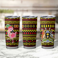 Uganda Christmas Tumbler Cup with Flamingo Lights Uganda Flag and Black Red Yellow Tribal Pattern Design - Wonder Print Shop