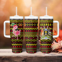 Uganda Christmas Tumbler With Handle with Flamingo Lights Uganda Flag and Black Red Yellow Tribal Pattern Design - Wonder Print Shop