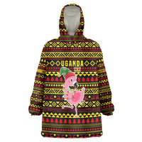 Uganda Christmas Wearable Blanket Hoodie with Flamingo Lights Uganda Flag and Black Red Yellow Tribal Pattern Design - Wonder Print Shop