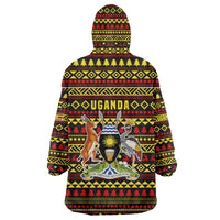 Uganda Christmas Wearable Blanket Hoodie with Flamingo Lights Uganda Flag and Black Red Yellow Tribal Pattern Design - Wonder Print Shop