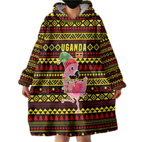 Uganda Christmas Wearable Blanket Hoodie with Flamingo Lights Uganda Flag and Black Red Yellow Tribal Pattern Design - Wonder Print Shop