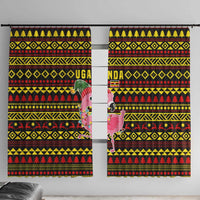 Uganda Christmas Window Curtain with Flamingo Lights Uganda Flag and Black Red Yellow Tribal Pattern Design - Wonder Print Shop