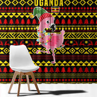 Uganda Christmas Window Curtain with Flamingo Lights Uganda Flag and Black Red Yellow Tribal Pattern Design - Wonder Print Shop