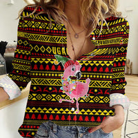 Uganda Christmas Women Casual Shirt with Flamingo Lights Uganda Flag and Black Red Yellow Tribal Pattern Design - Wonder Print Shop