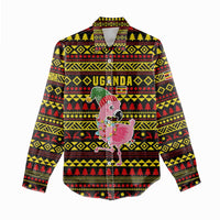Uganda Christmas Women Casual Shirt with Flamingo Lights Uganda Flag and Black Red Yellow Tribal Pattern Design - Wonder Print Shop