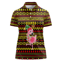 Uganda Christmas Women Polo Shirt with Flamingo Lights Uganda Flag and Black Red Yellow Tribal Pattern Design - Wonder Print Shop