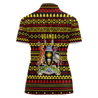 Uganda Christmas Women Polo Shirt with Flamingo Lights Uganda Flag and Black Red Yellow Tribal Pattern Design - Wonder Print Shop
