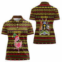 Uganda Christmas Women Polo Shirt with Flamingo Lights Uganda Flag and Black Red Yellow Tribal Pattern Design - Wonder Print Shop