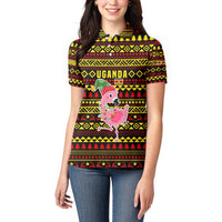Uganda Christmas Women Polo Shirt with Flamingo Lights Uganda Flag and Black Red Yellow Tribal Pattern Design - Wonder Print Shop