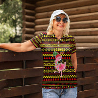 Uganda Christmas Women Polo Shirt with Flamingo Lights Uganda Flag and Black Red Yellow Tribal Pattern Design - Wonder Print Shop