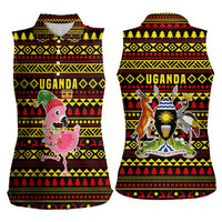 Uganda Christmas Women Sleeveless Polo Shirt with Flamingo Lights Uganda Flag and Black Red Yellow Tribal Pattern Design - Wonder Print Shop
