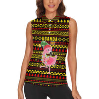 Uganda Christmas Women Sleeveless Polo Shirt with Flamingo Lights Uganda Flag and Black Red Yellow Tribal Pattern Design - Wonder Print Shop
