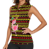 Uganda Christmas Women Sleeveless Polo Shirt with Flamingo Lights Uganda Flag and Black Red Yellow Tribal Pattern Design - Wonder Print Shop