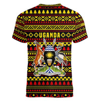 Uganda Christmas Women V-Neck T-Shirt with Flamingo Lights Uganda Flag and Black Red Yellow Tribal Pattern Design - Wonder Print Shop