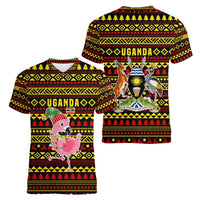 Uganda Christmas Women V-Neck T-Shirt with Flamingo Lights Uganda Flag and Black Red Yellow Tribal Pattern Design - Wonder Print Shop