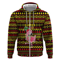 Uganda Christmas Zip Hoodie with Flamingo Lights Uganda Flag and Black Red Yellow Tribal Pattern Design - Wonder Print Shop