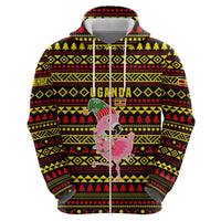 Uganda Christmas Zip Hoodie with Flamingo Lights Uganda Flag and Black Red Yellow Tribal Pattern Design - Wonder Print Shop