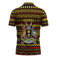 Uganda Christmas Zipper Polo Shirt with Flamingo Lights Uganda Flag and Black Red Yellow Tribal Pattern Design - Wonder Print Shop