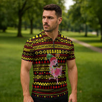 Uganda Christmas Zipper Polo Shirt with Flamingo Lights Uganda Flag and Black Red Yellow Tribal Pattern Design - Wonder Print Shop