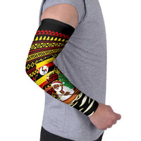 Uganda Christmas Arm Sleeves with Santa in Canoe Christmas Tree Uganda Map Flag and Black Red Yellow Tribal Pattern Design - Wonder Print Shop