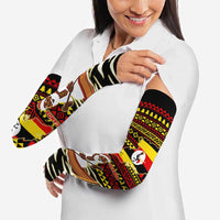 Uganda Christmas Arm Sleeves with Santa in Canoe Christmas Tree Uganda Map Flag and Black Red Yellow Tribal Pattern Design - Wonder Print Shop