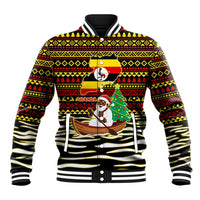 Uganda Christmas Baseball Jacket with Santa in Canoe Christmas Tree Uganda Map Flag and Black Red Yellow Tribal Pattern Design - Wonder Print Shop