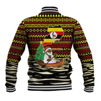 Uganda Christmas Baseball Jacket with Santa in Canoe Christmas Tree Uganda Map Flag and Black Red Yellow Tribal Pattern Design - Wonder Print Shop
