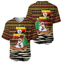 Uganda Christmas Baseball Jersey with Santa in Canoe Christmas Tree Uganda Map Flag and Black Red Yellow Tribal Pattern Design - Wonder Print Shop