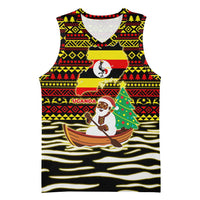 Uganda Christmas Basketball Jersey with Santa in Canoe Christmas Tree Uganda Map Flag and Black Red Yellow Tribal Pattern Design - Wonder Print Shop