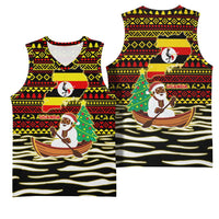 Uganda Christmas Basketball Jersey with Santa in Canoe Christmas Tree Uganda Map Flag and Black Red Yellow Tribal Pattern Design - Wonder Print Shop