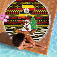 Uganda Christmas Beach Blanket with Santa in Canoe Christmas Tree Uganda Map Flag and Black Red Yellow Tribal Pattern Design - Wonder Print Shop