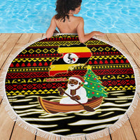 Uganda Christmas Beach Blanket with Santa in Canoe Christmas Tree Uganda Map Flag and Black Red Yellow Tribal Pattern Design - Wonder Print Shop