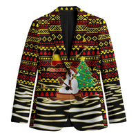 Uganda Christmas Blazer with Santa in Canoe Christmas Tree Uganda Map Flag and Black Red Yellow Tribal Pattern Design - Wonder Print Shop