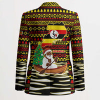 Uganda Christmas Blazer with Santa in Canoe Christmas Tree Uganda Map Flag and Black Red Yellow Tribal Pattern Design - Wonder Print Shop