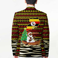 Uganda Christmas Blazer with Santa in Canoe Christmas Tree Uganda Map Flag and Black Red Yellow Tribal Pattern Design - Wonder Print Shop