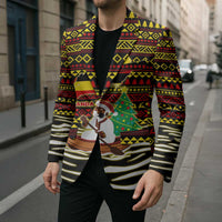 Uganda Christmas Blazer with Santa in Canoe Christmas Tree Uganda Map Flag and Black Red Yellow Tribal Pattern Design - Wonder Print Shop