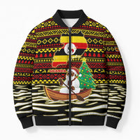 Uganda Christmas Bomber Puffer Jacket with Santa in Canoe Christmas Tree Uganda Map Flag and Black Red Yellow Tribal Pattern Design - Wonder Print Shop