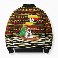 Uganda Christmas Bomber Puffer Jacket with Santa in Canoe Christmas Tree Uganda Map Flag and Black Red Yellow Tribal Pattern Design - Wonder Print Shop