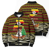 Uganda Christmas Bomber Puffer Jacket with Santa in Canoe Christmas Tree Uganda Map Flag and Black Red Yellow Tribal Pattern Design - Wonder Print Shop