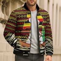 Uganda Christmas Bomber Puffer Jacket with Santa in Canoe Christmas Tree Uganda Map Flag and Black Red Yellow Tribal Pattern Design - Wonder Print Shop