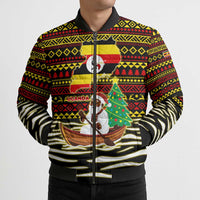 Uganda Christmas Bomber Puffer Jacket with Santa in Canoe Christmas Tree Uganda Map Flag and Black Red Yellow Tribal Pattern Design - Wonder Print Shop